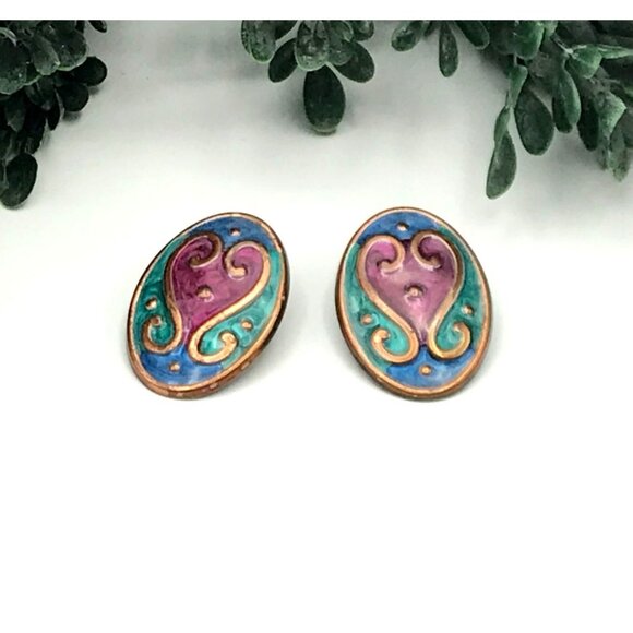 Vintage Copper Enamel Oval Earrings With Heart & Swirl Design - Picture 1 of 4
